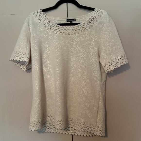 5/$25 will bundle Creamy laser cut short sleeve top with jacquard detail - Picture 1 of 5